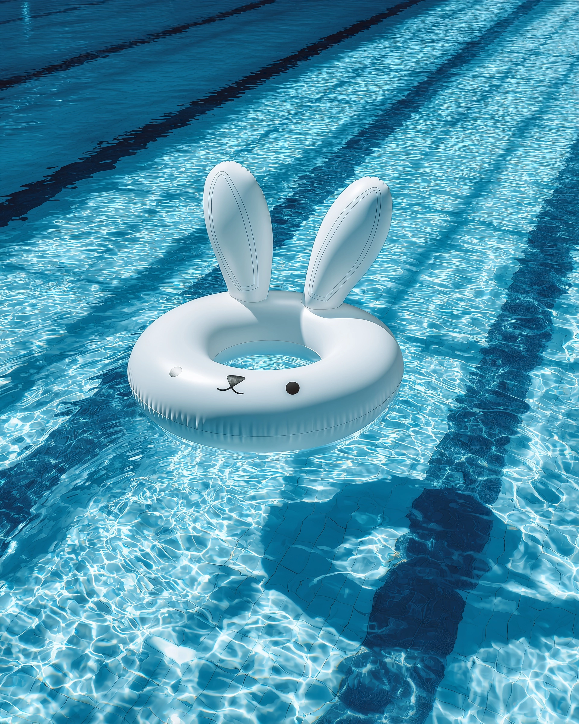 Luxury advertising shot of a white bunny-shaped inflatable ring floating in the middle of an Olympic