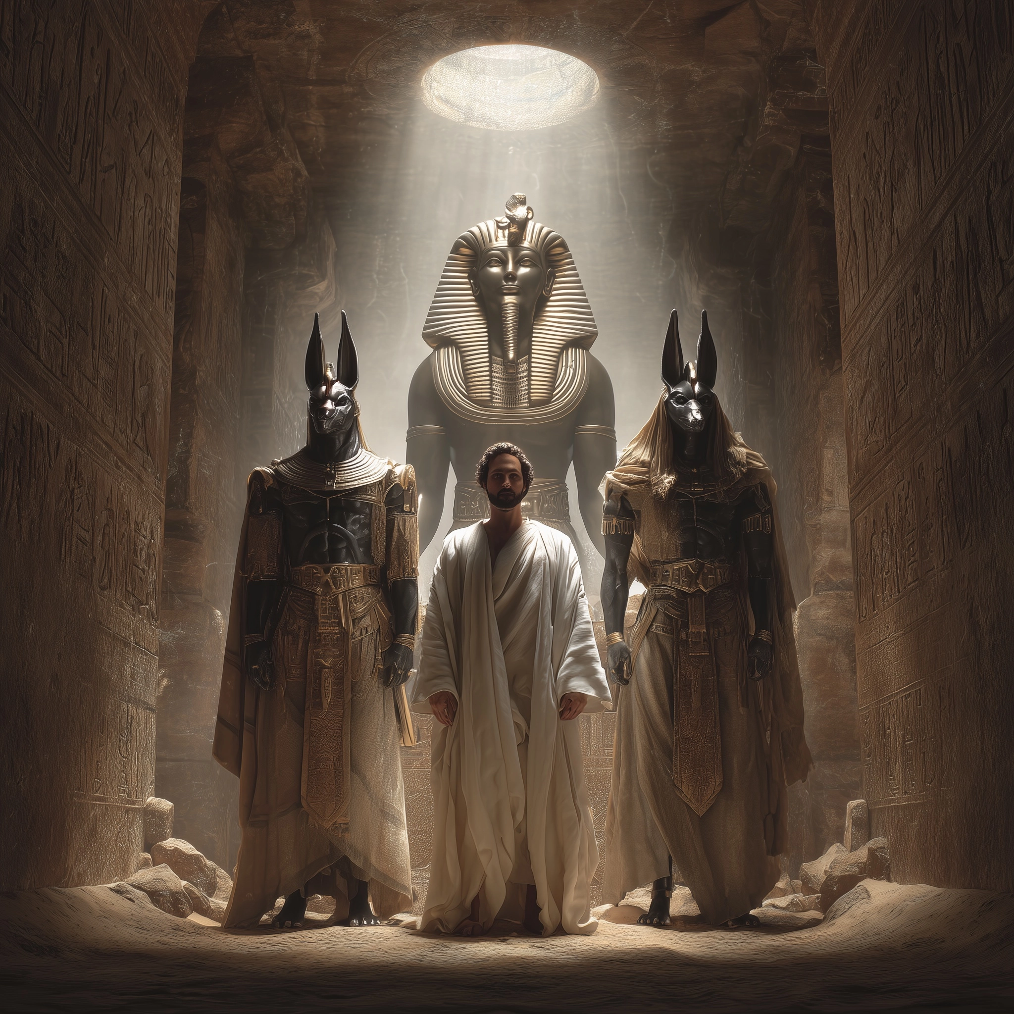 Man mid thirties in white robe standing in middle of egyptian crypte. Around him stand three beautif