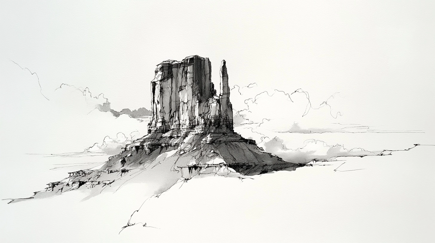 Minimalist pen and ink illustration of a solitary Monument Valley, drawn with sparse