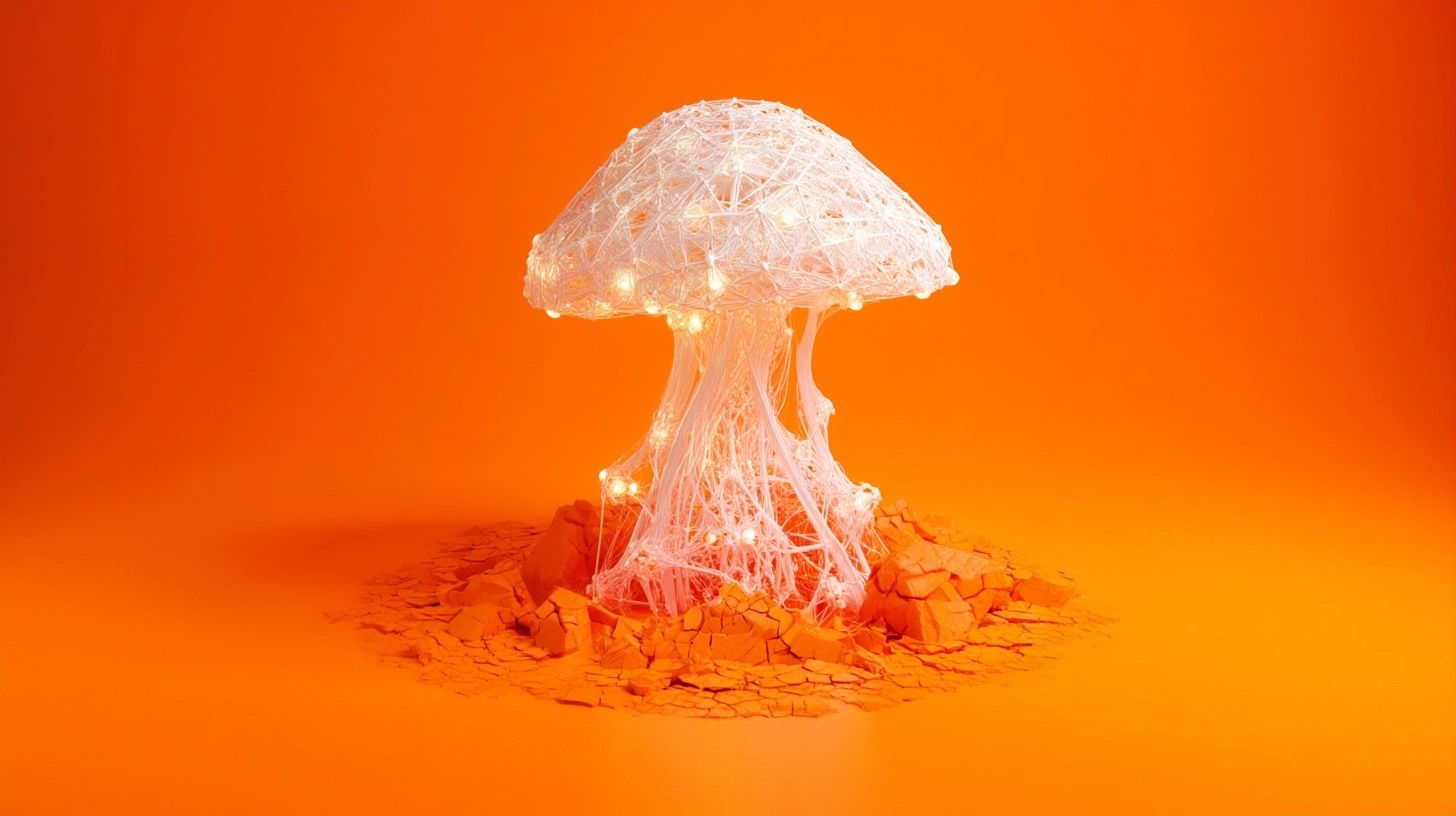 On a solid vibrant orange background a white mushroom resembling a cybernetic organism