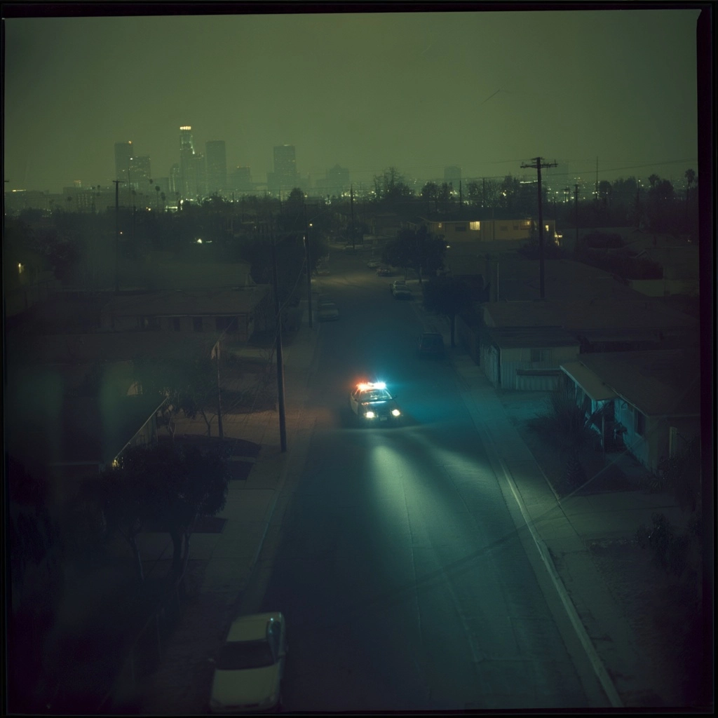 Perspective from police helicopter high angle with search light over south central neighborhood
