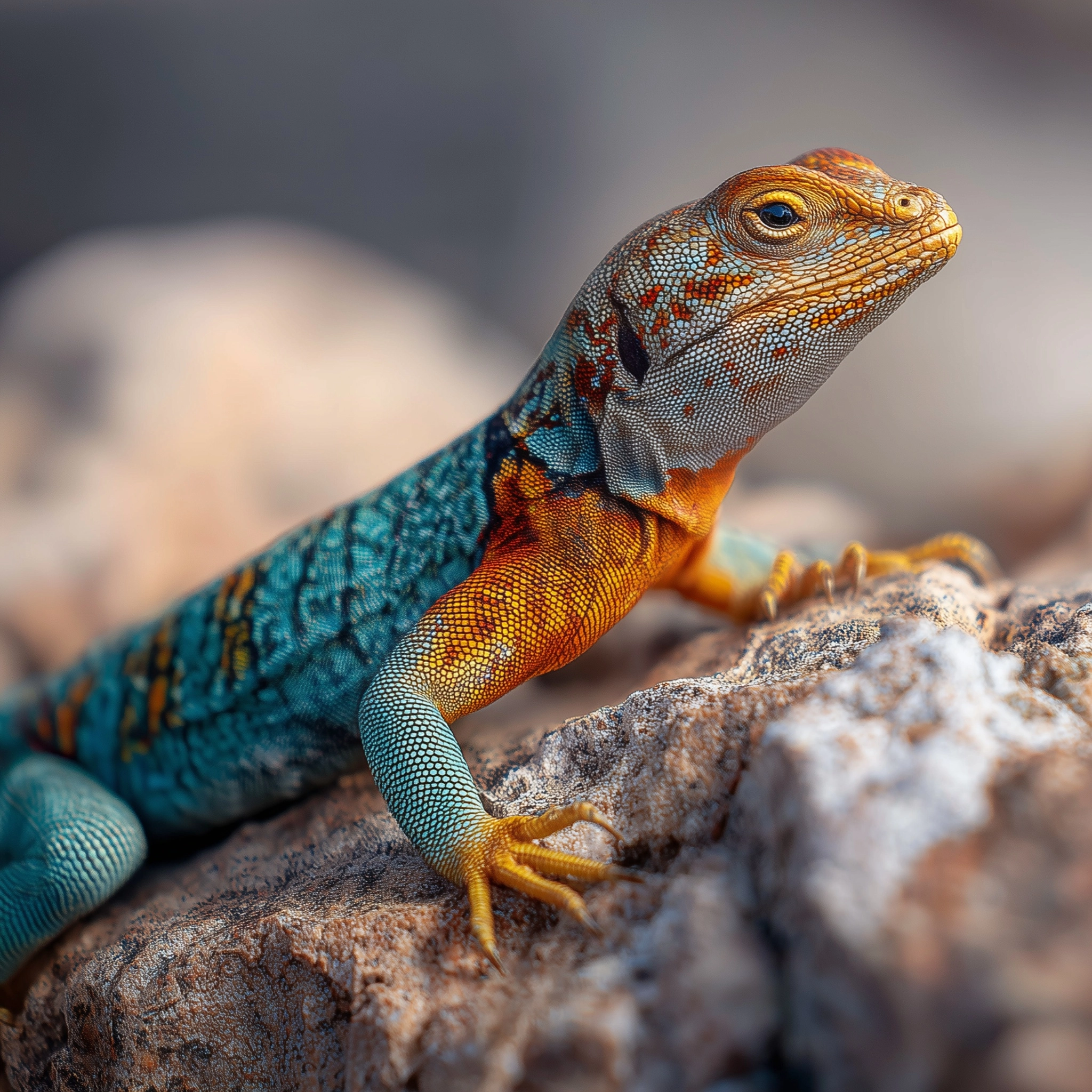 Realistic photo of a colorful southwest lizard resting on a rock, full body