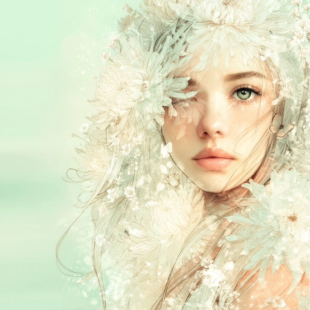 A dreamy ethereal portrait of a young woman, soft pastel color palette, half face composition