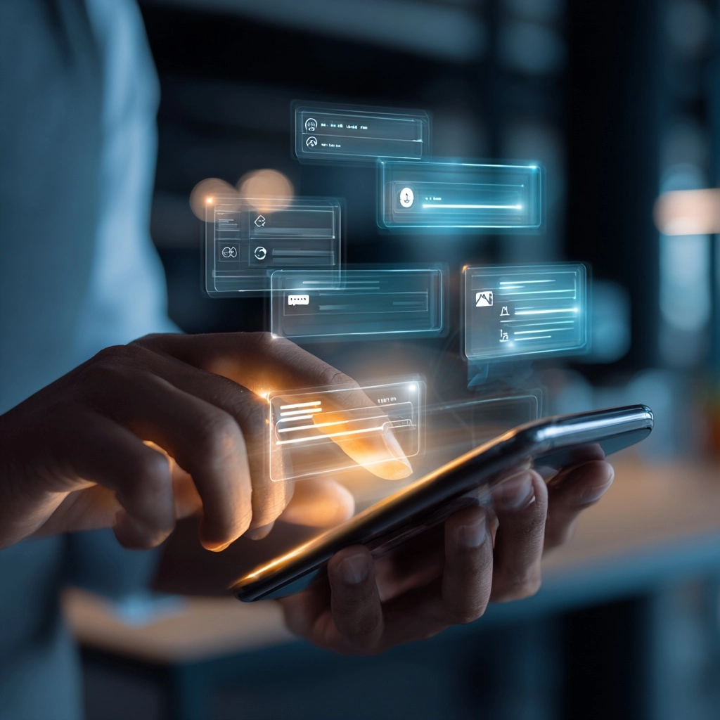 Person interacting with a smartphone while multiple app screens and chat bubbles appear holographica