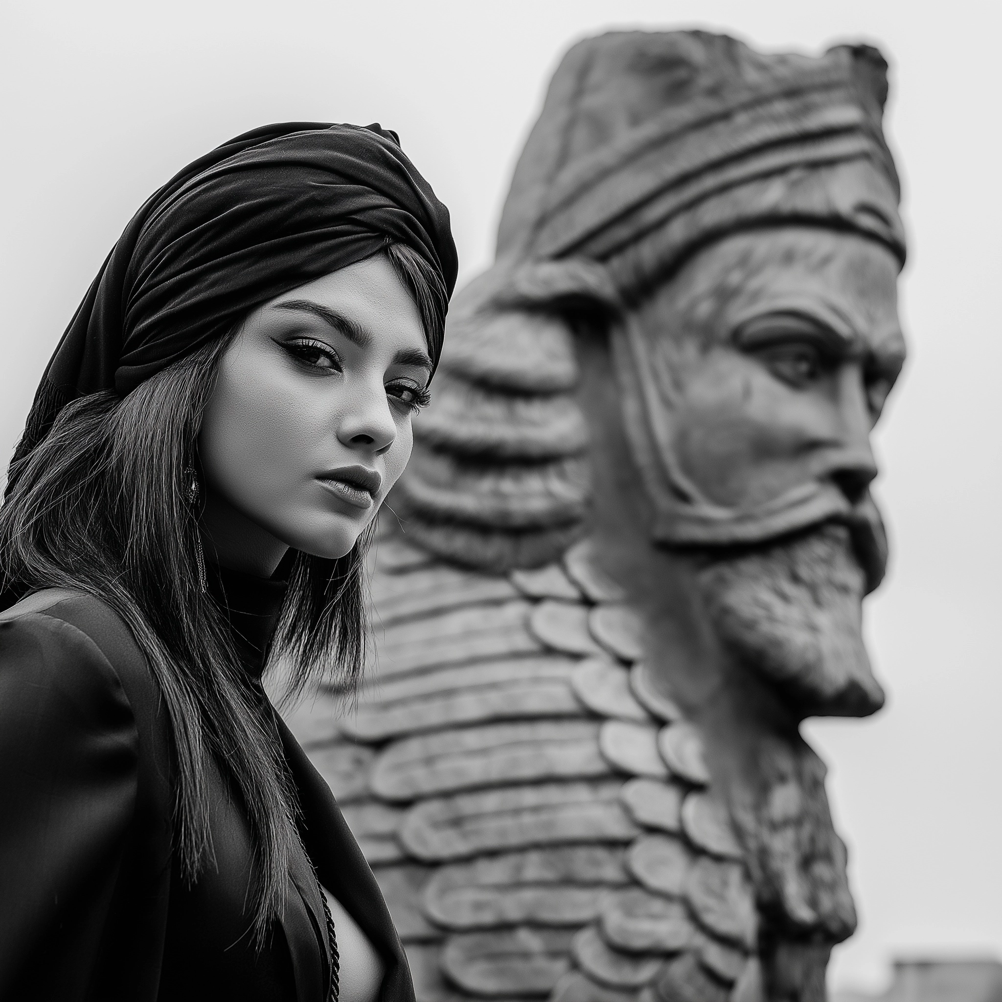 Photorealist black and white iranian young woman wearing a black turban in fire on her head wrapped