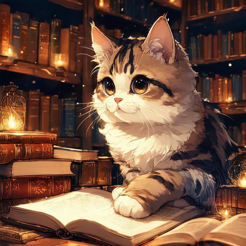 Anime Cat Reading in a Cozy Library