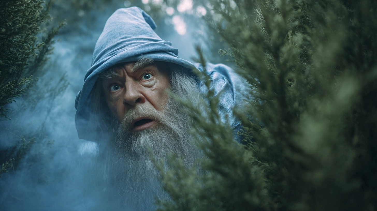 Photo nikon fantasy movie portrait of a medieval wizard in light blue wizard robes and wizard hat. T