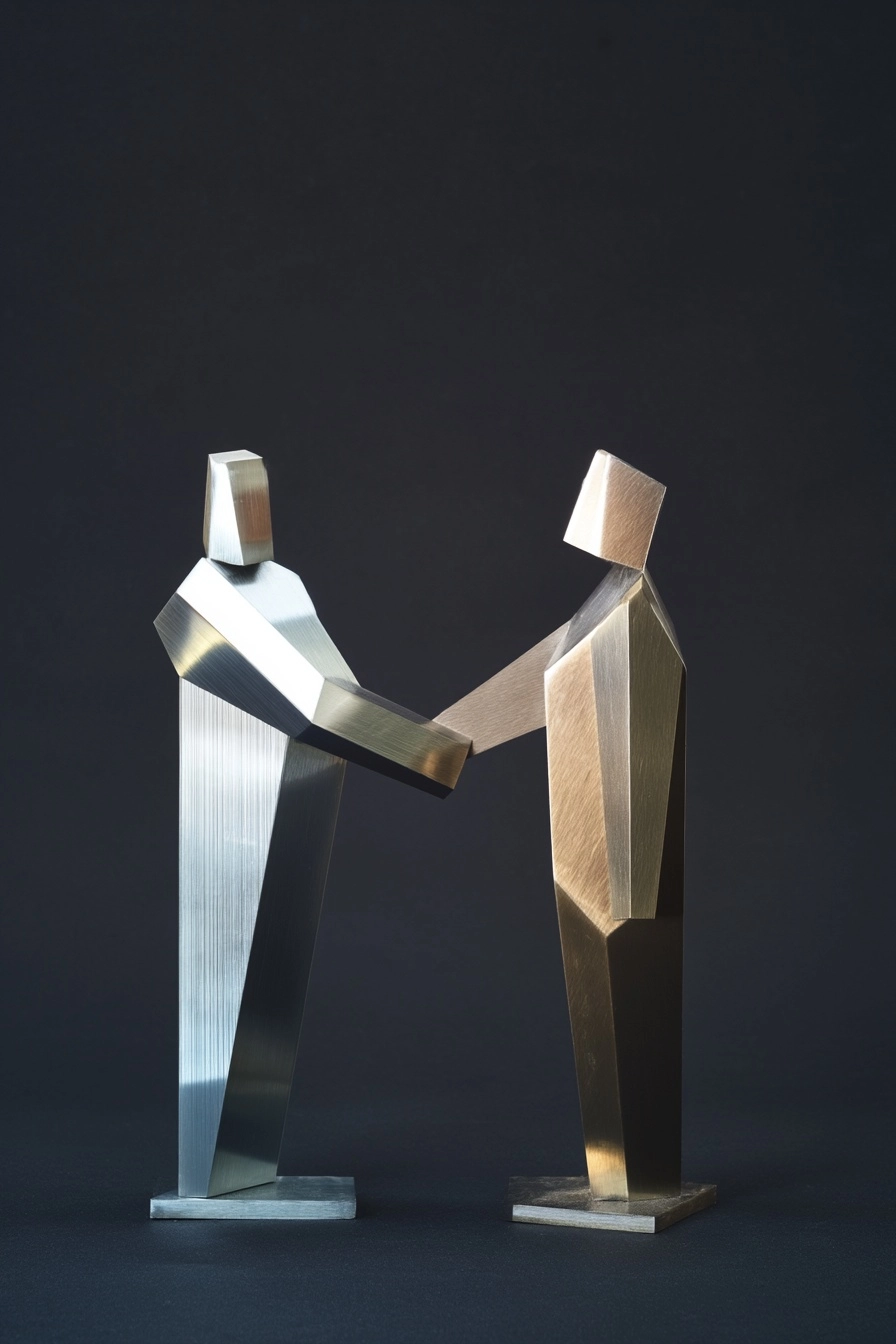 Photo modern minimalist sculpture made of aluminum and titan sheets of two very stylized people shak