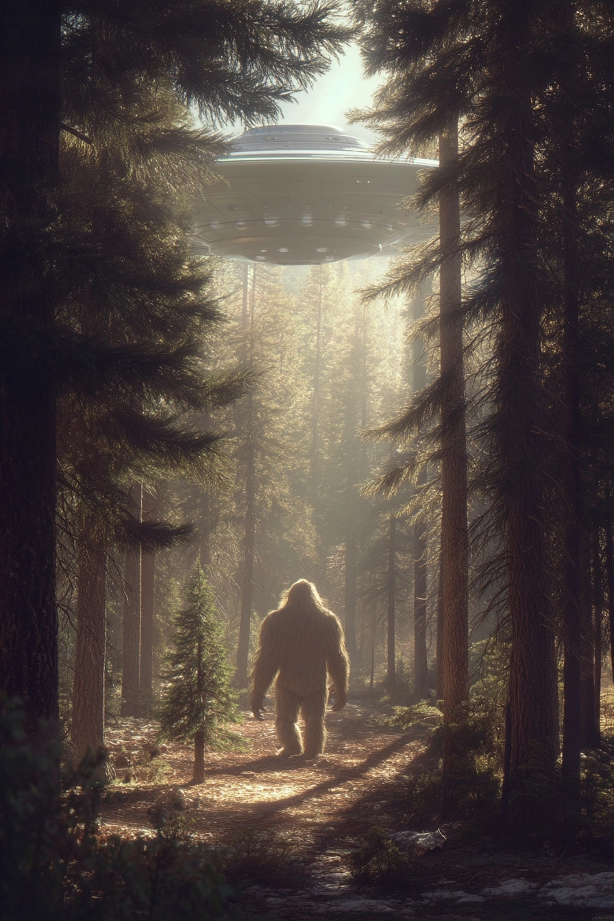 Photograph of sasquatch walking through the woods with a flying saucer overhead, photorealistic