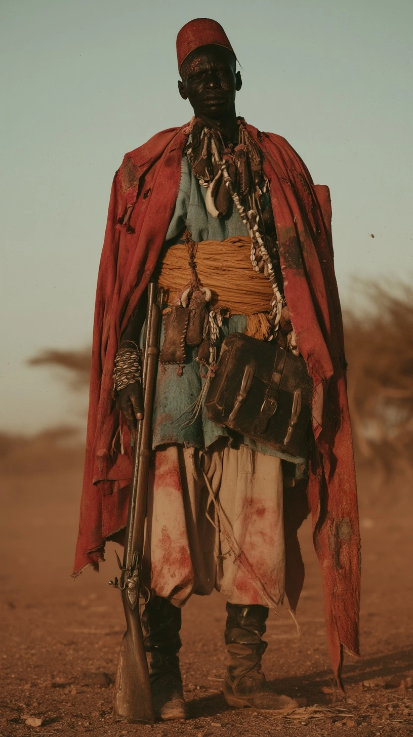 Photorealistic full-body portrait of a Senegalese warrior standing tall, low-angle shot