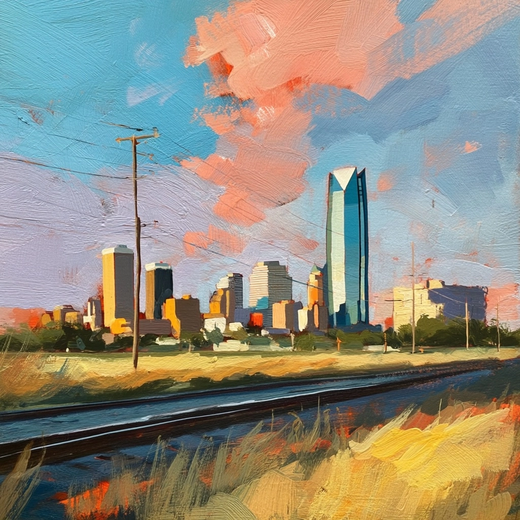 Plein air gouache painting of panoramic view of Oklahoma City Skyline,gentle brushstrokes