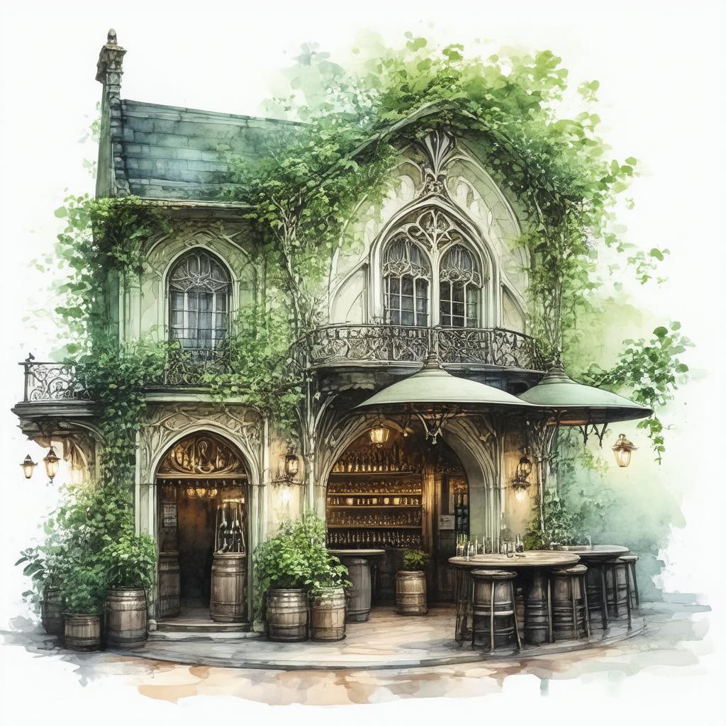 Elvish Art Nouveau Tavern in Ink Wash