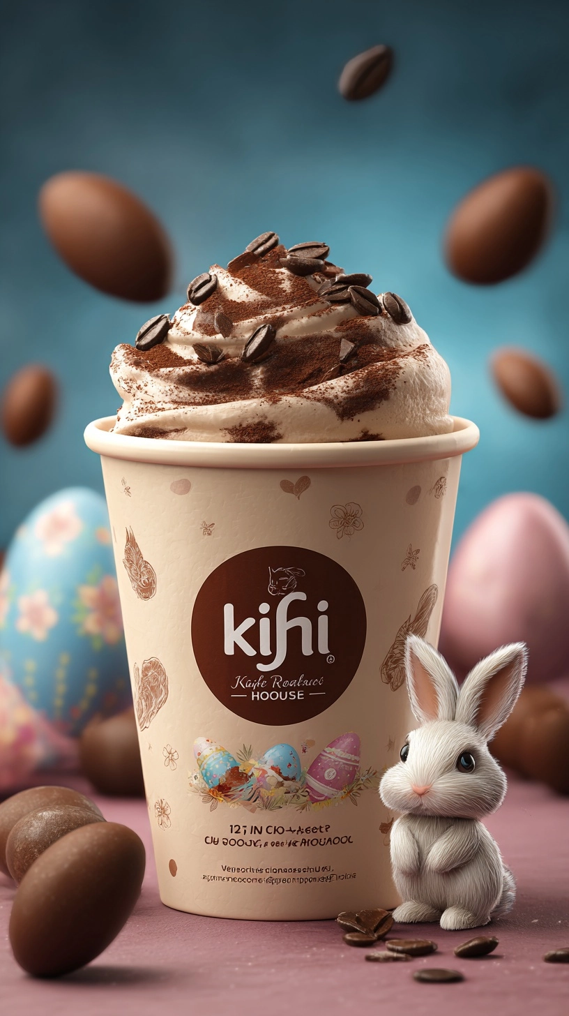 Product photography of an ice cream cup with chocolate and cocoa on top