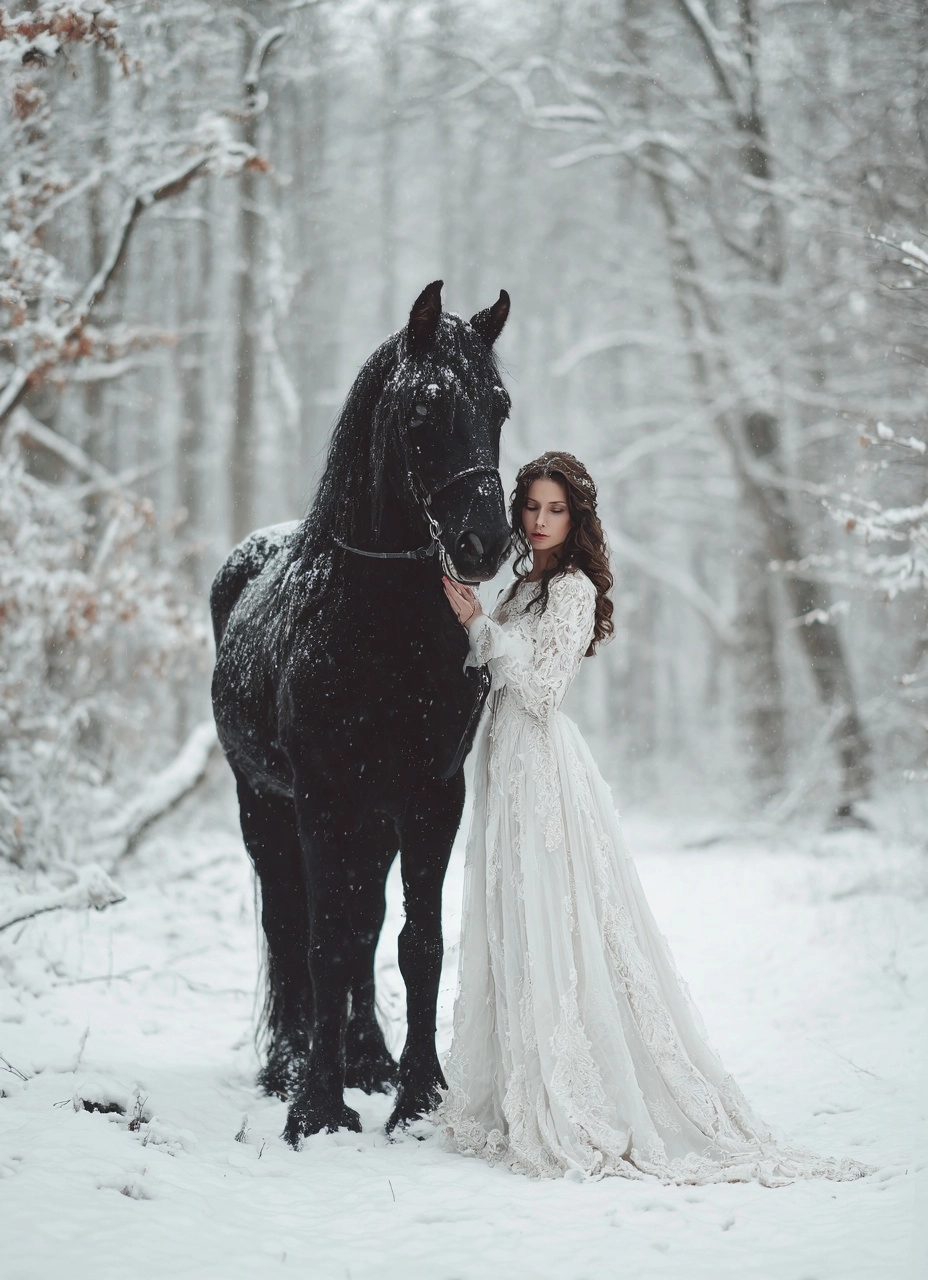 Realistic photo of a Winter Fairy queen dressed in a long white gown with her black horse in a magic