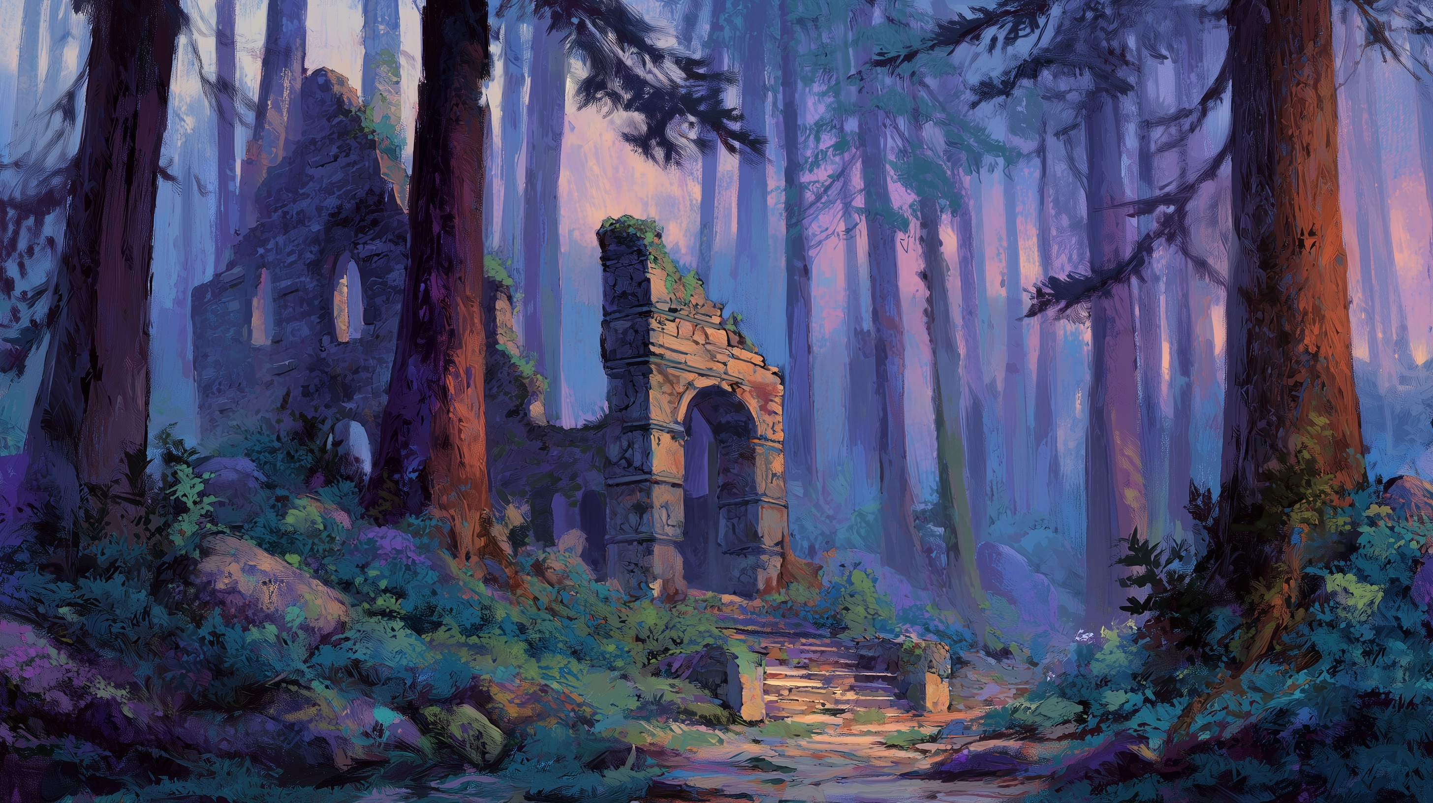 Fantasy landscape, forest with ruins, fantasy art