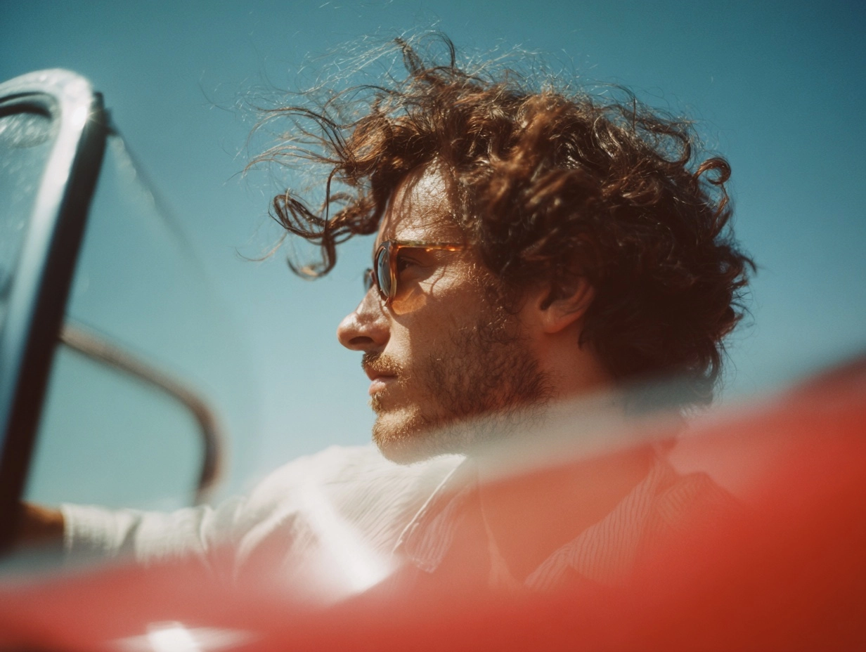 Side profile shot of a chic moroccan man driving a red convertible, cinematic composition