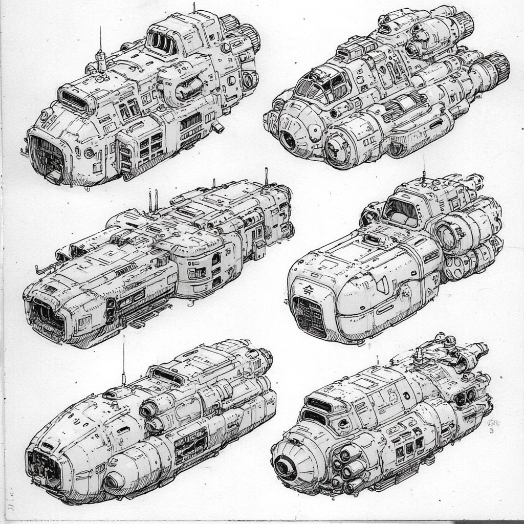 Sketches of many different style of spaceship unmanned futuristic-retro drone robots that are low le