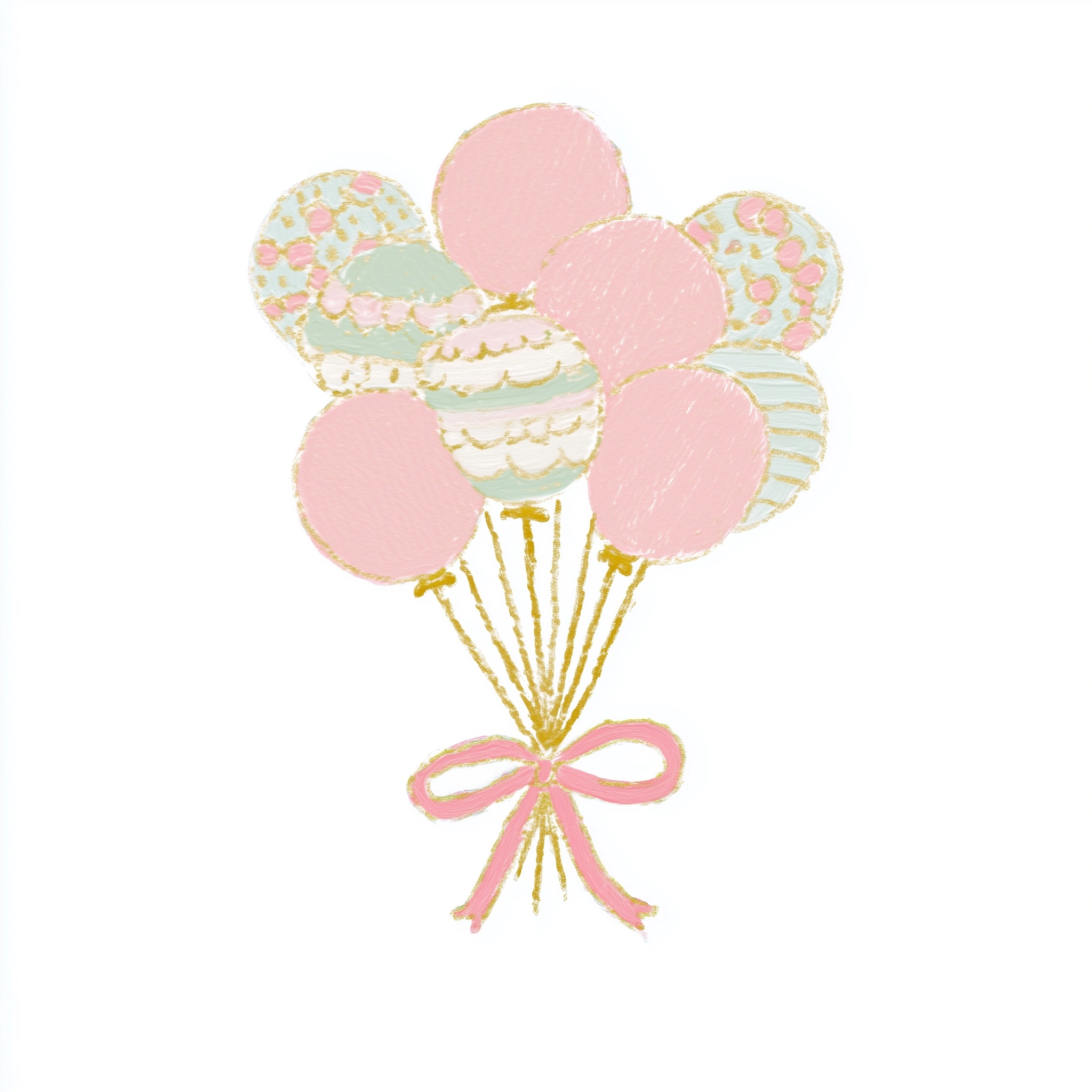 Small bundle of pastel pink and white balloons tied together with thin strings and a soft pink ribbo