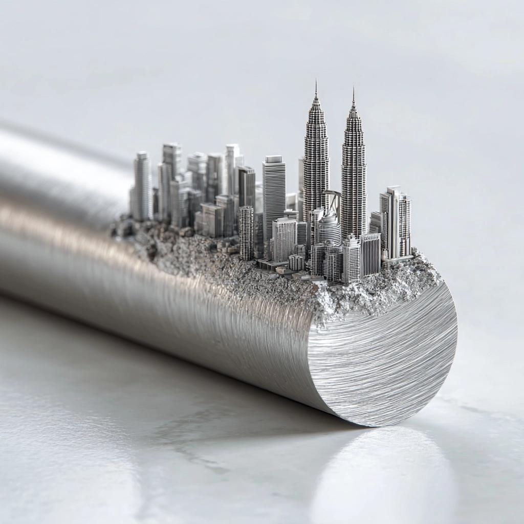 Solid cylindrical aluminum rod lying horizontally on a clean white surface, brushed metal texture