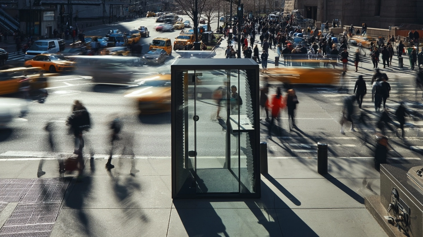 Street-level low-angle frontal photograph of a small glass acoustic booth