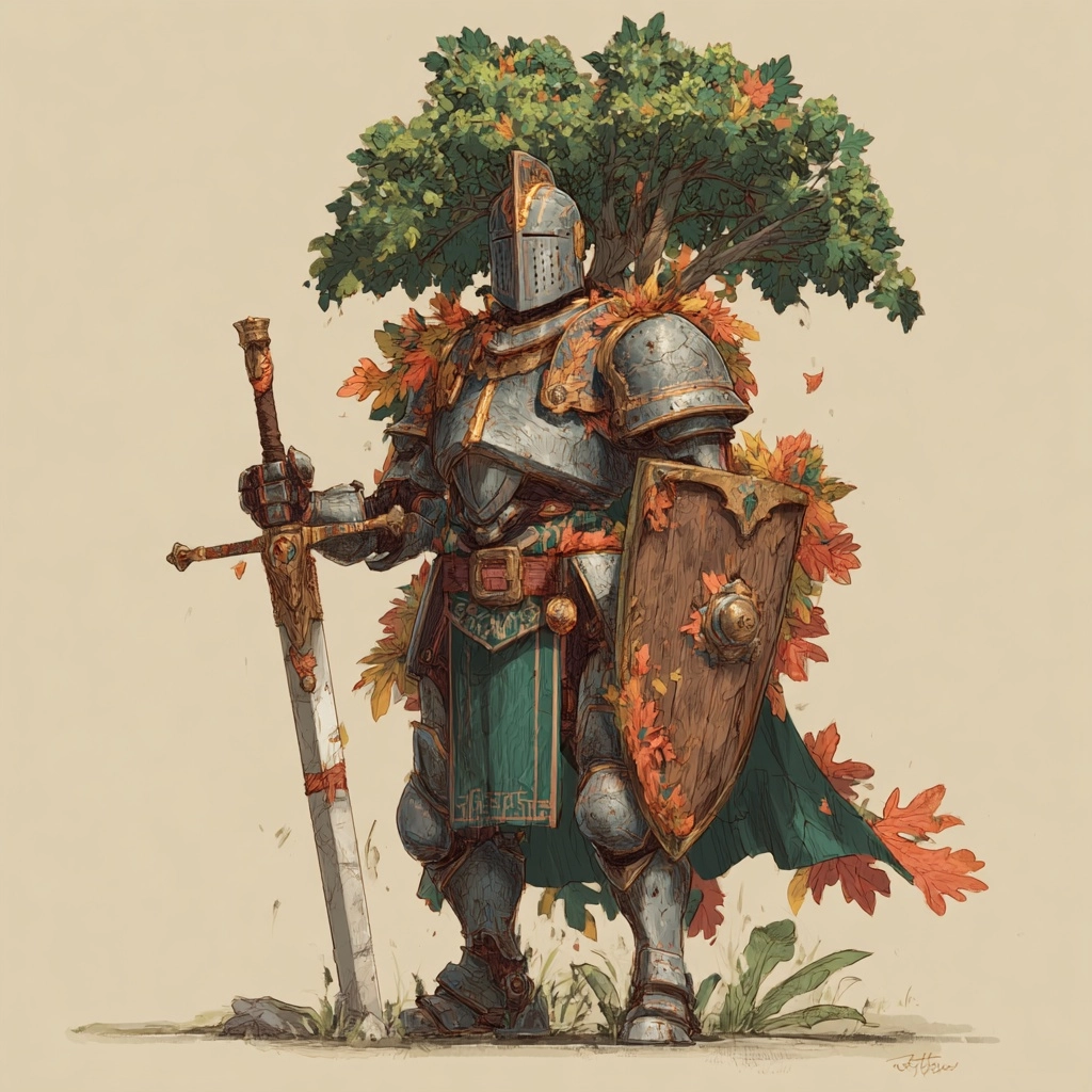 Tall wooden warforged paladin knight with shining autumn mithril plate armor and helmet
