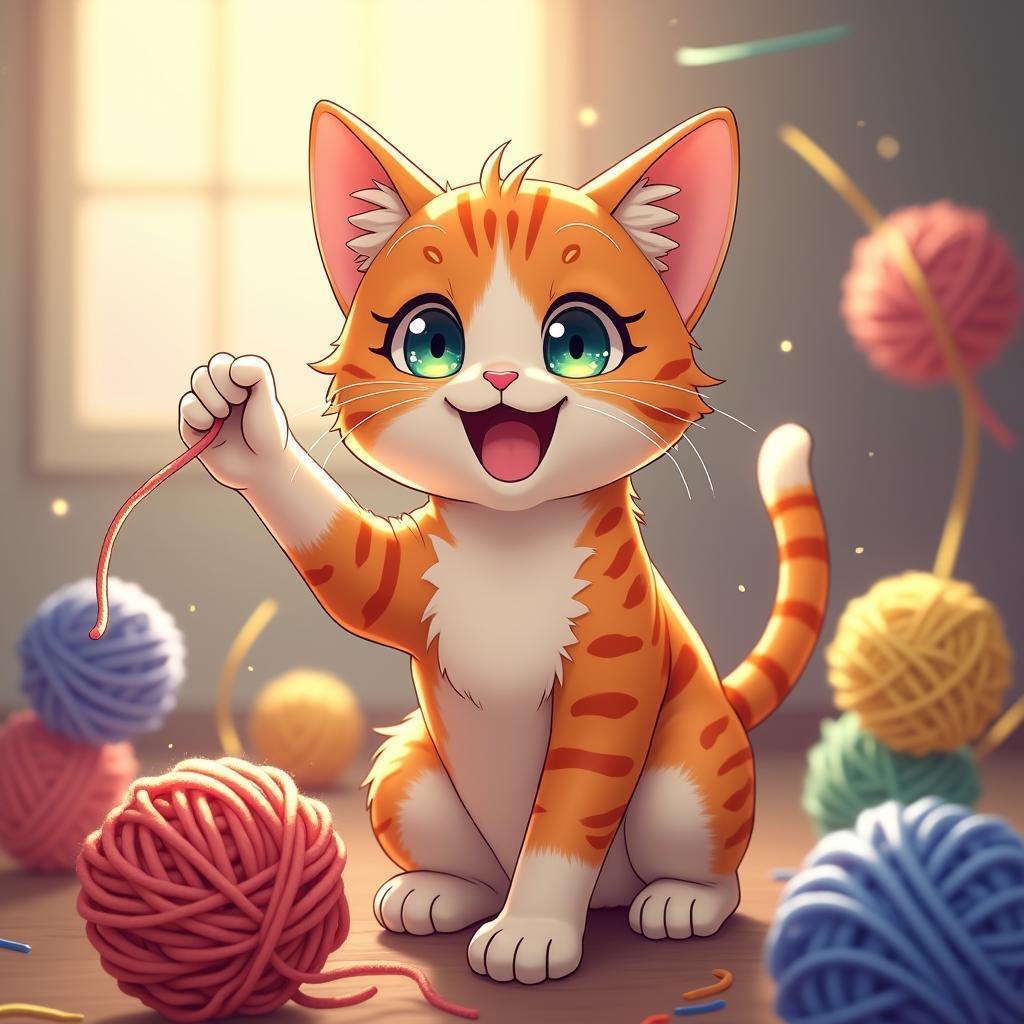 Playful Anime Cat Tangled in Golden Yarn