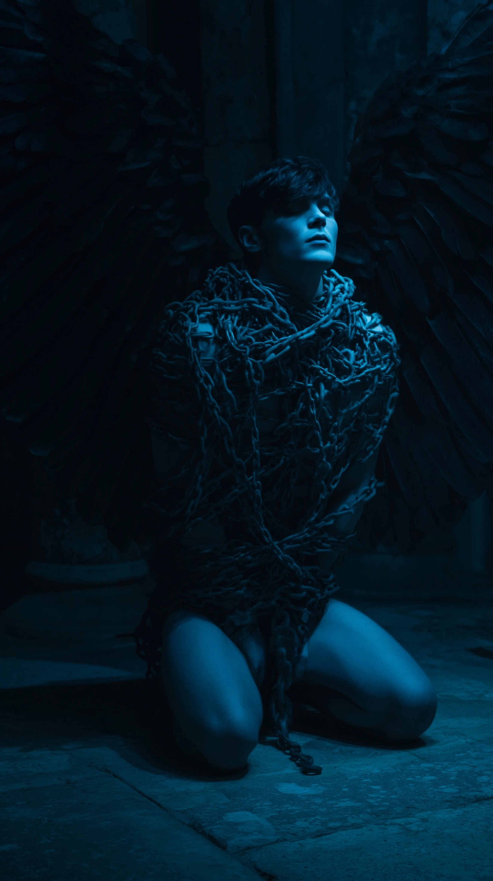 Thanatos from Greek mythology bound tightly in heavy iron chains