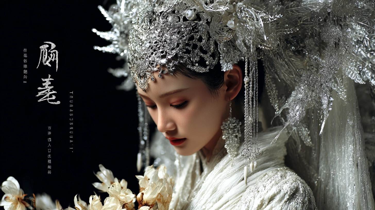 The beautiful woman in white hanfu wears an exquisite headdress made of crystal