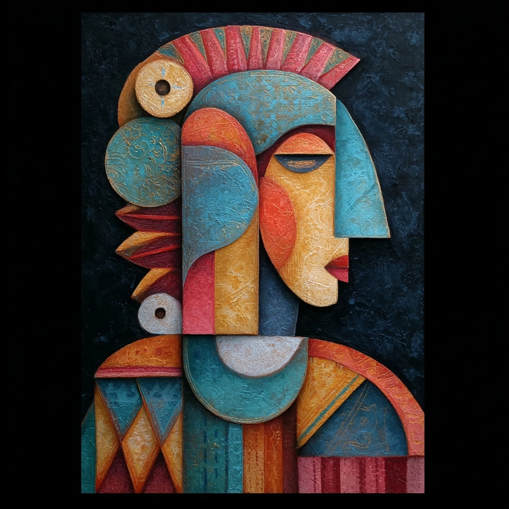 Tiano-boriquen indigius female from Puerto Rico painted picaso style with shapes and carribean color