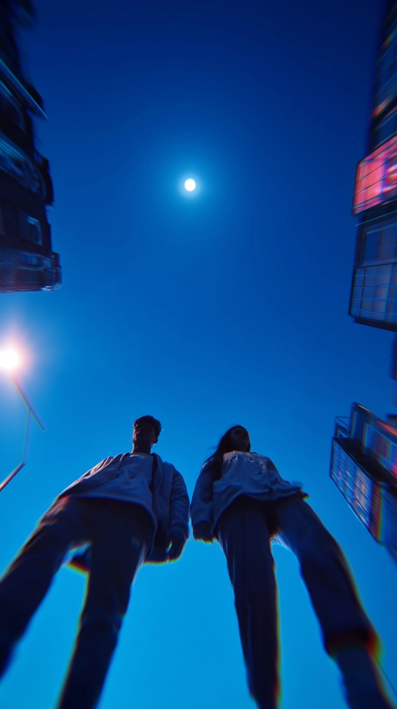 Ultra low angle view from near the ground between and behind two young people walking side by side a