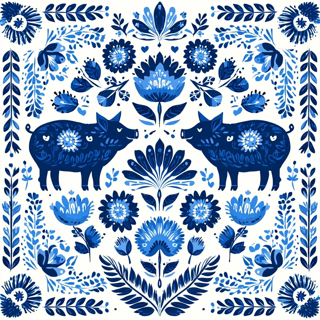 Ultra modern czech folk stamp painted pattern with pig icons on white backround