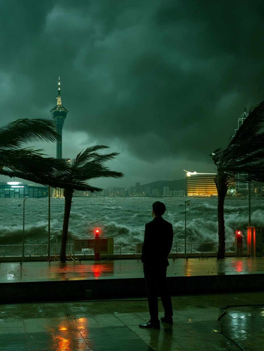 Ultra realistic cinematic wide shot of Macau waterfront before a tsunami