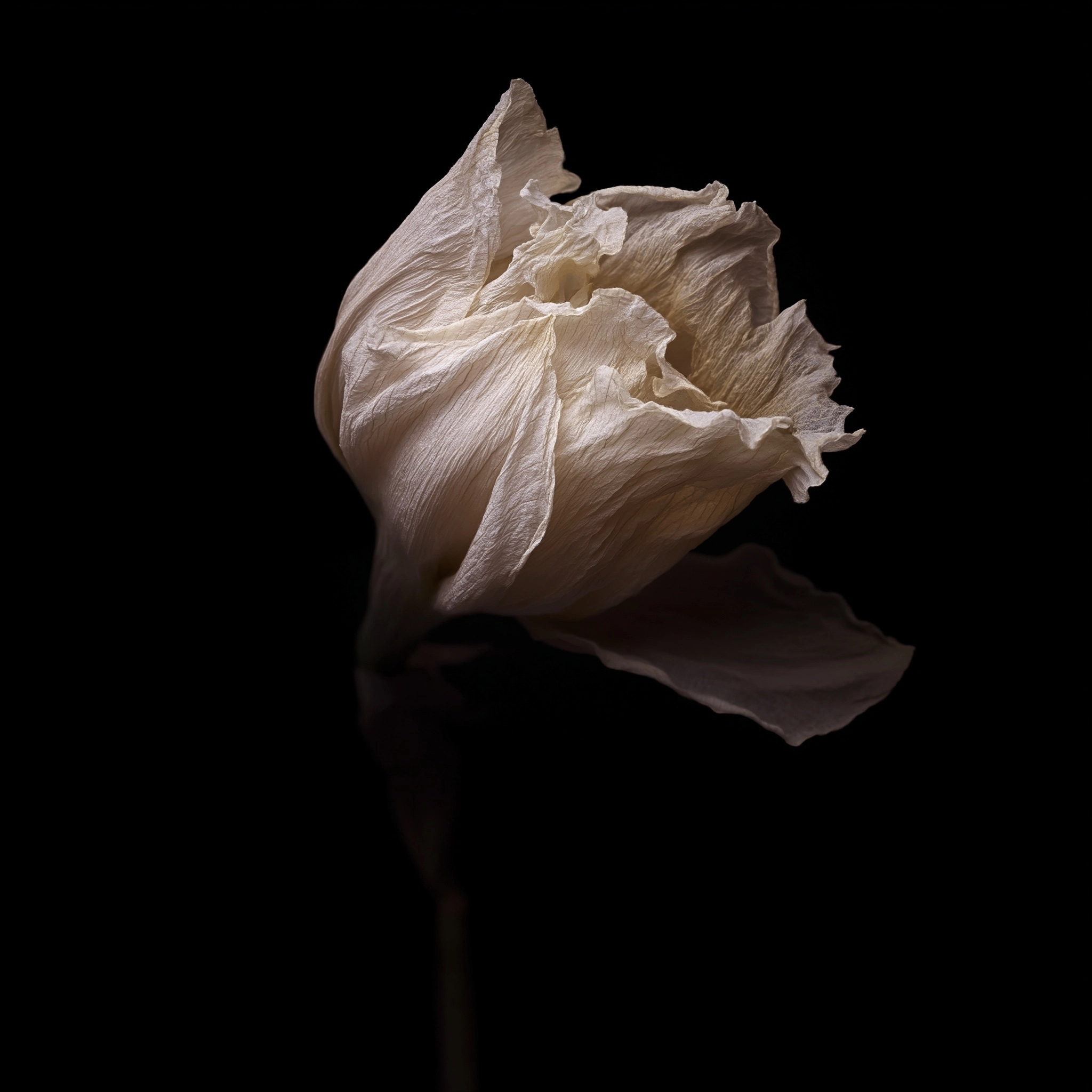 Ultra-realistic extreme macro photograph of a daffodil naturally aged and dried