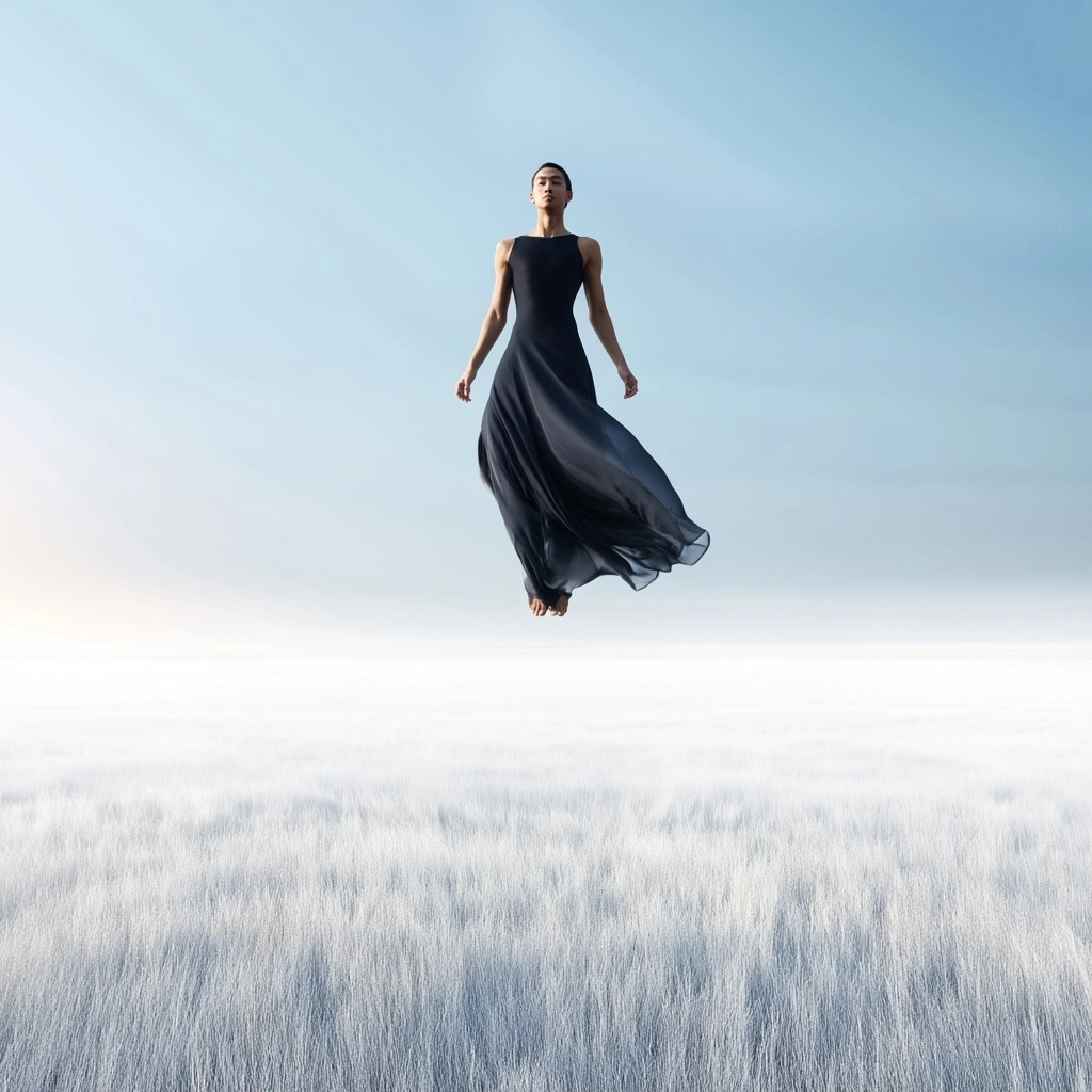 Man hovering just above the ground in a vast open landscape, black couture dress