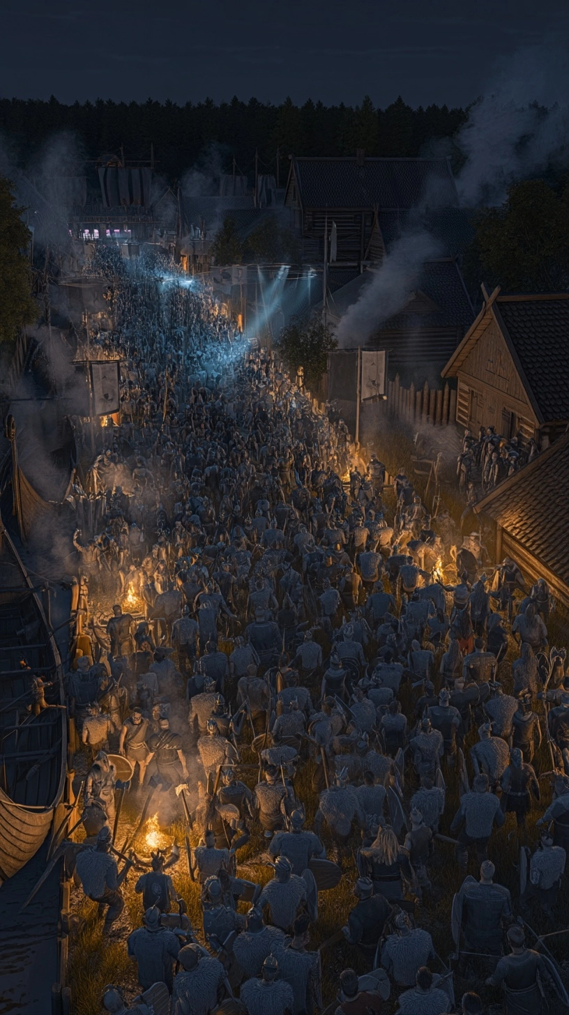 Ultra realistic scene of a small viking city at night during a massive festival