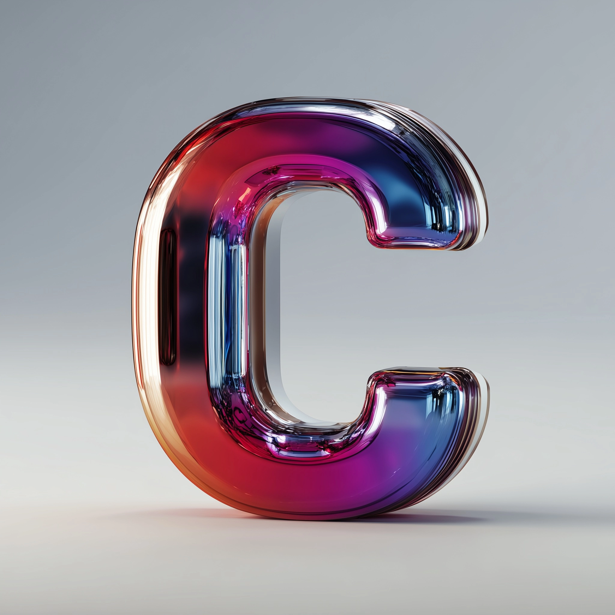 Una imagen realista al estilo de cinema 4D de un vista frontal de una letra "C" en tipografía helvét