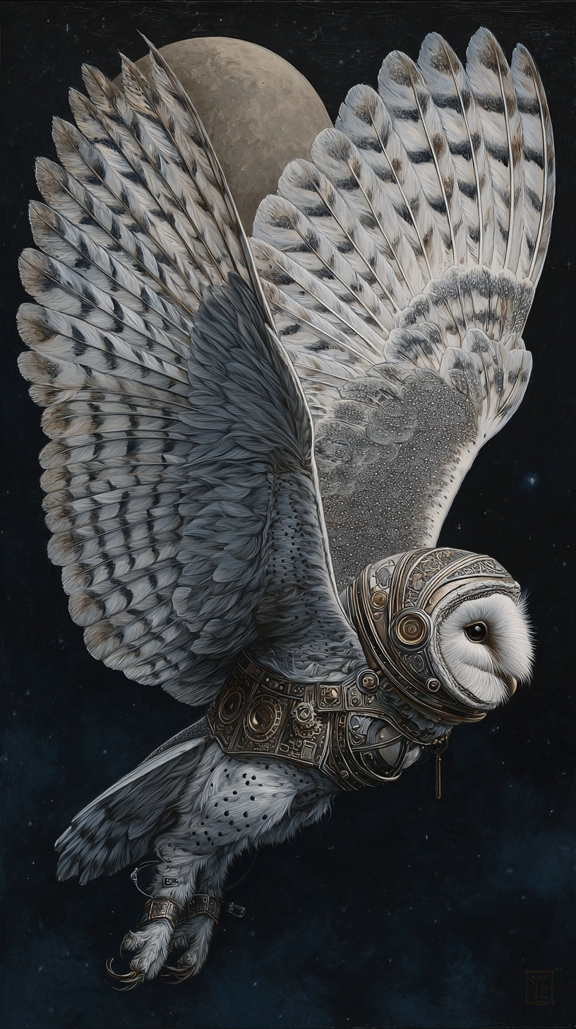 Painting in the style of Bruegel of an owl flying on the moon. The owl is wearing a small steampunk