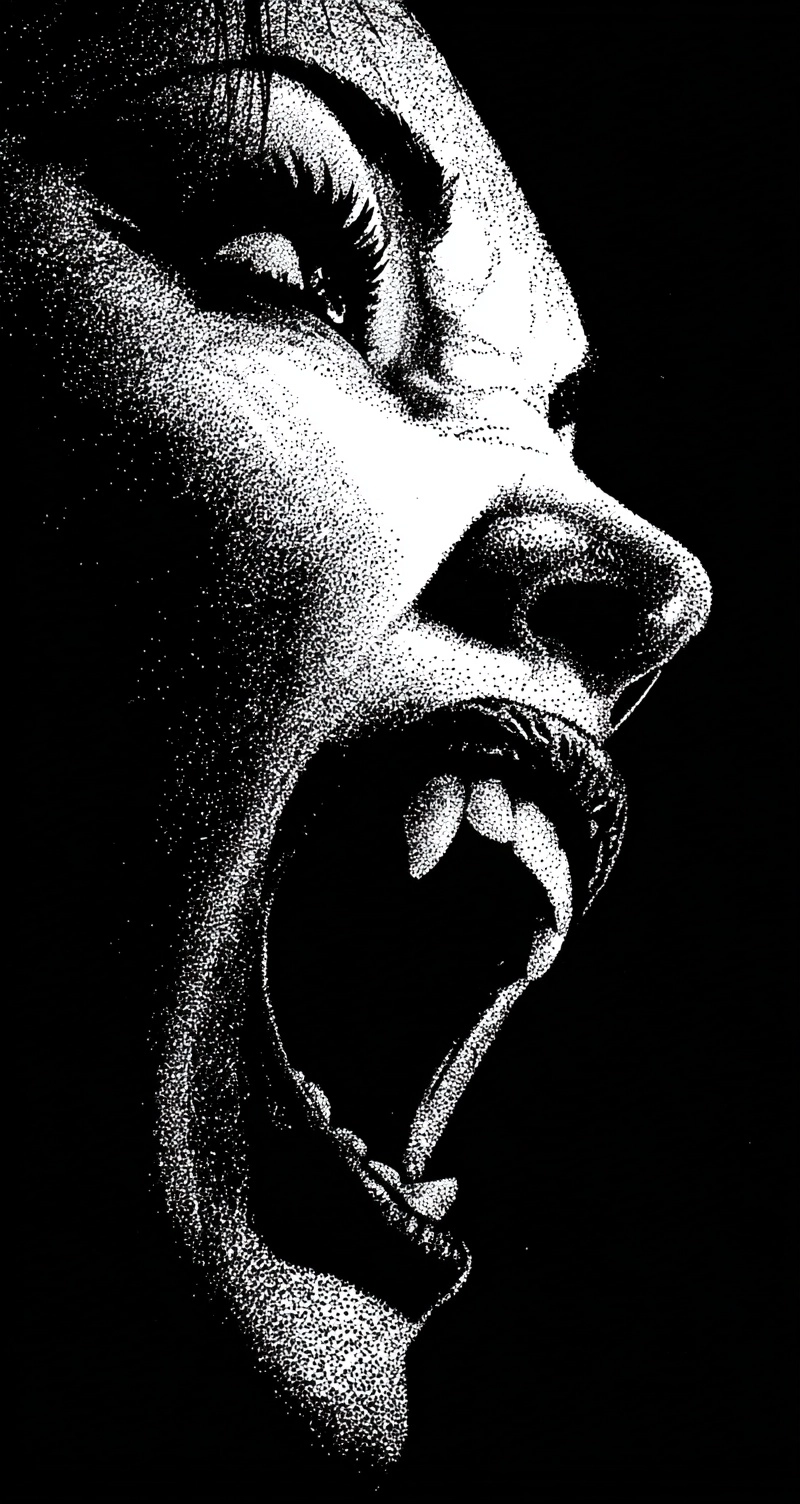 A close-up, black-and-white image of an angry vampire woman's face
