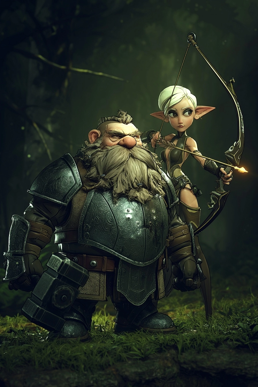 Dwarf warrior and elf ranger duo full body portrait dwarf sturdy stance heavy armor with engraved me