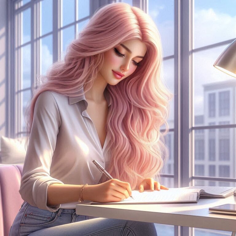 Modern Woman Writing by Sunny Window