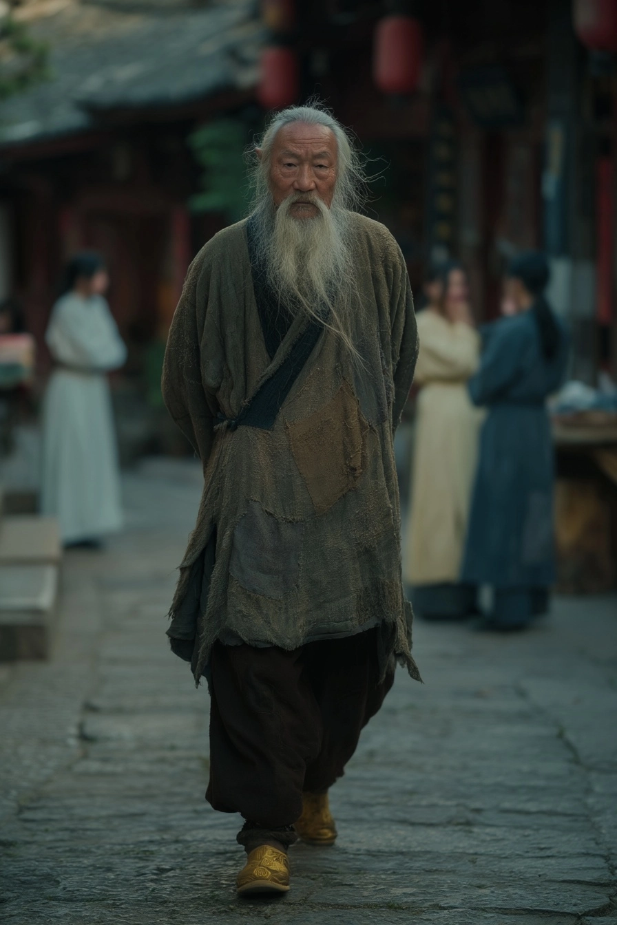 Portrait of An old wise chinese man with a black horn on one sidewalking through streets of china sm