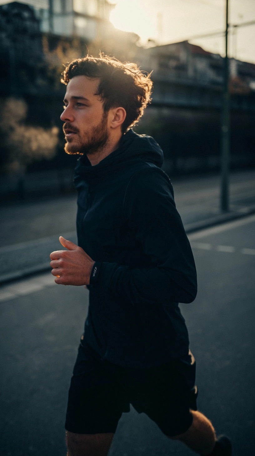 Person aged 35-52 lean build running alone on empty urban street or path at early morning