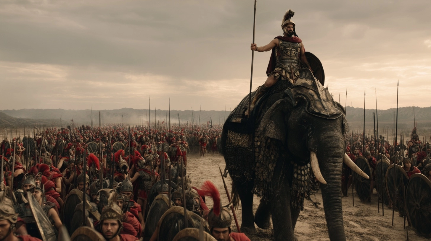 Movie frame of a proud seleukid general is riding an huge war armored elephant among ten thousands o