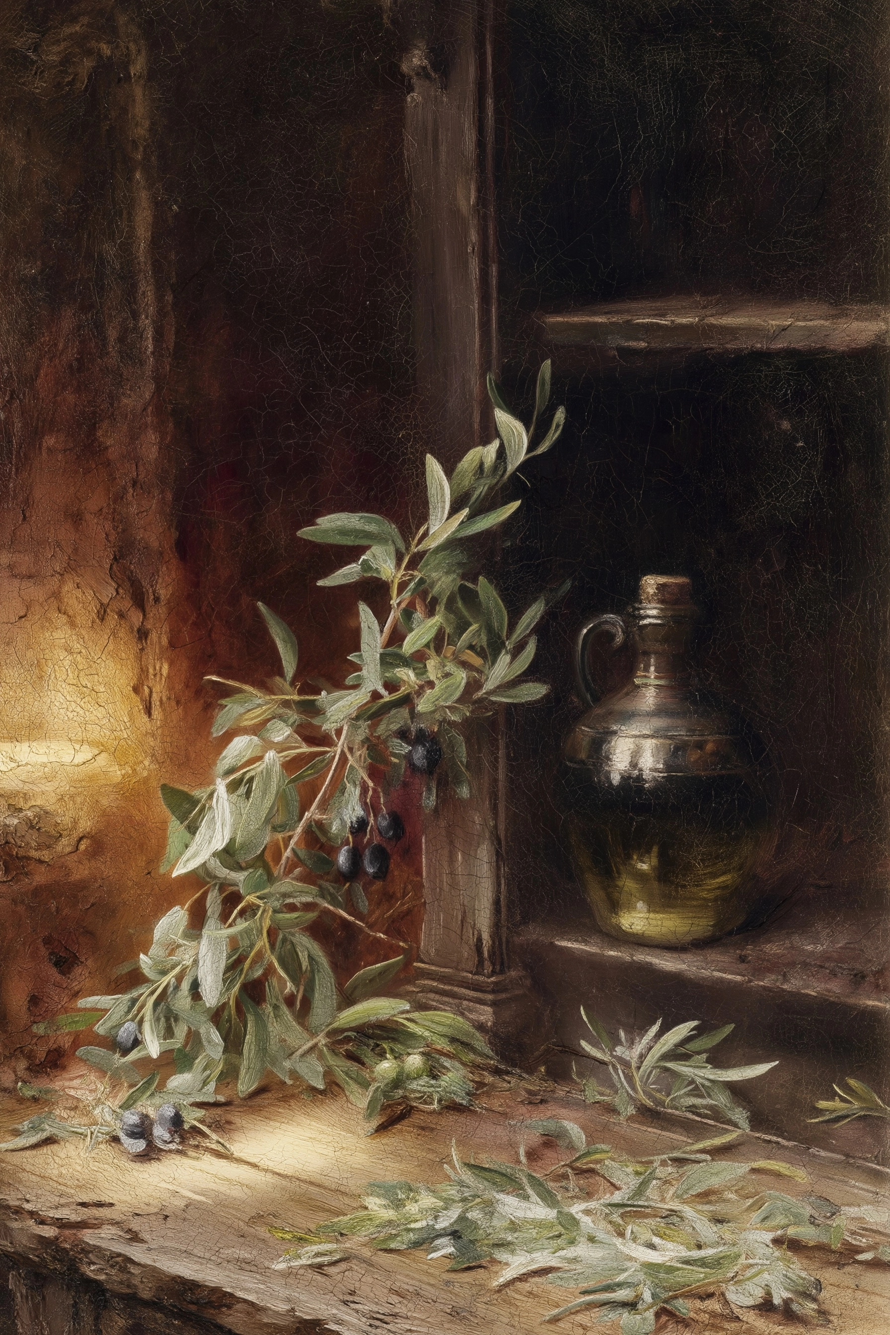 Vintage fine art oil painting of fresh olive branch with olives beside a dark ceramic bottle of oil