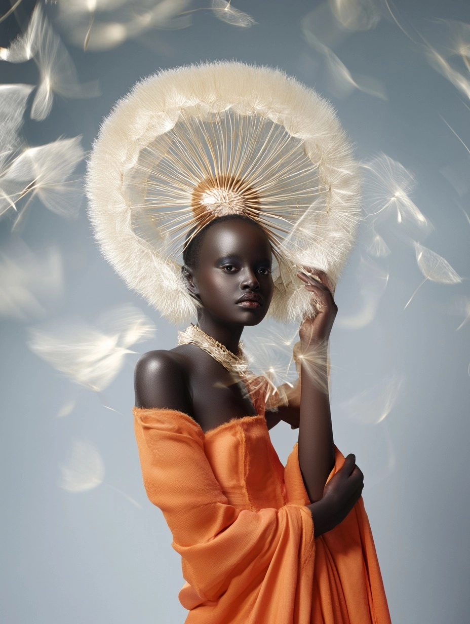 Photo of an African supermodel with a giant dandelion-shaped head ; full-length shot, motion blur