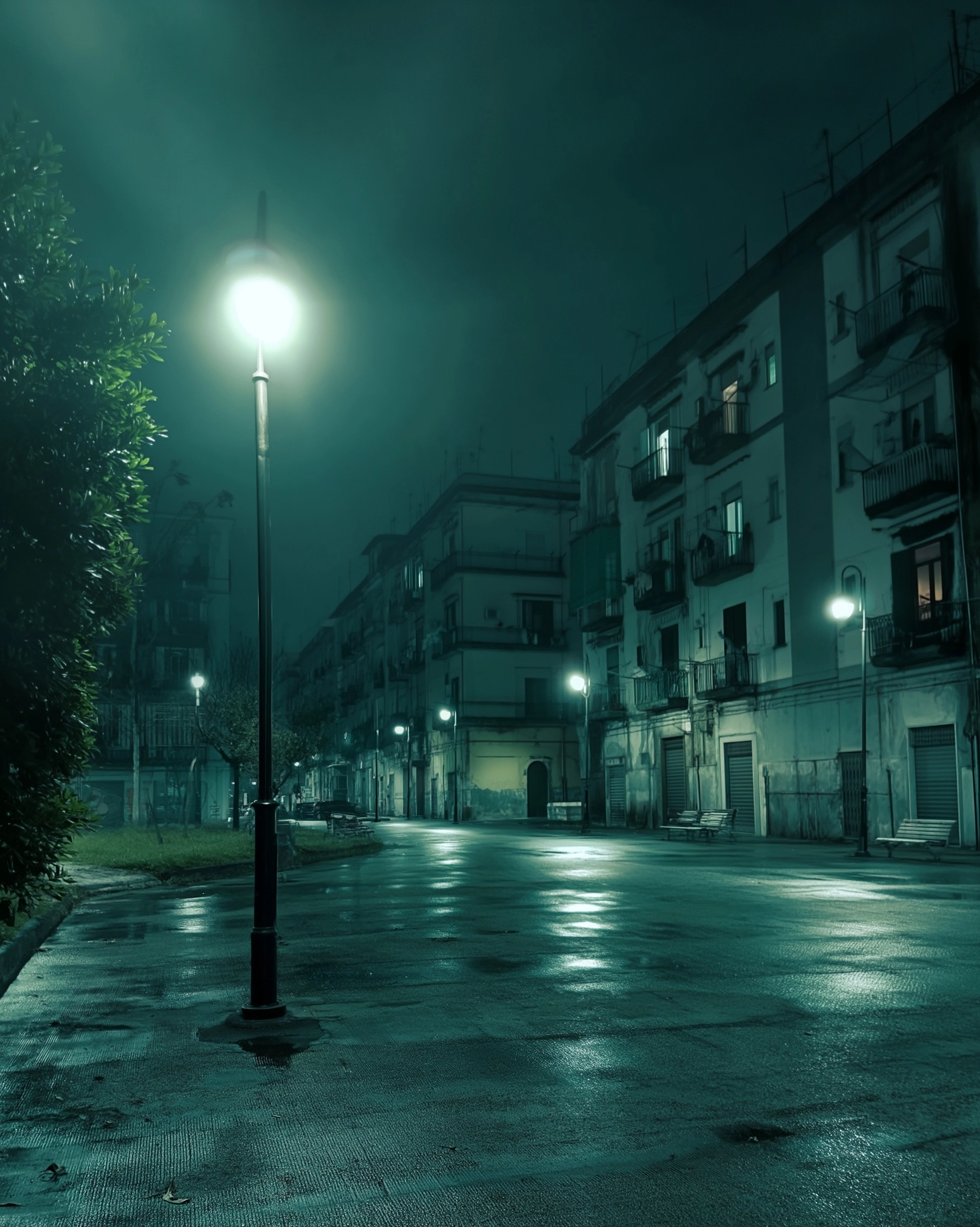 Ponticelli di notte, piazza semi vuota, illuminazione fredda, ambiente urbano degradato, silenzio
