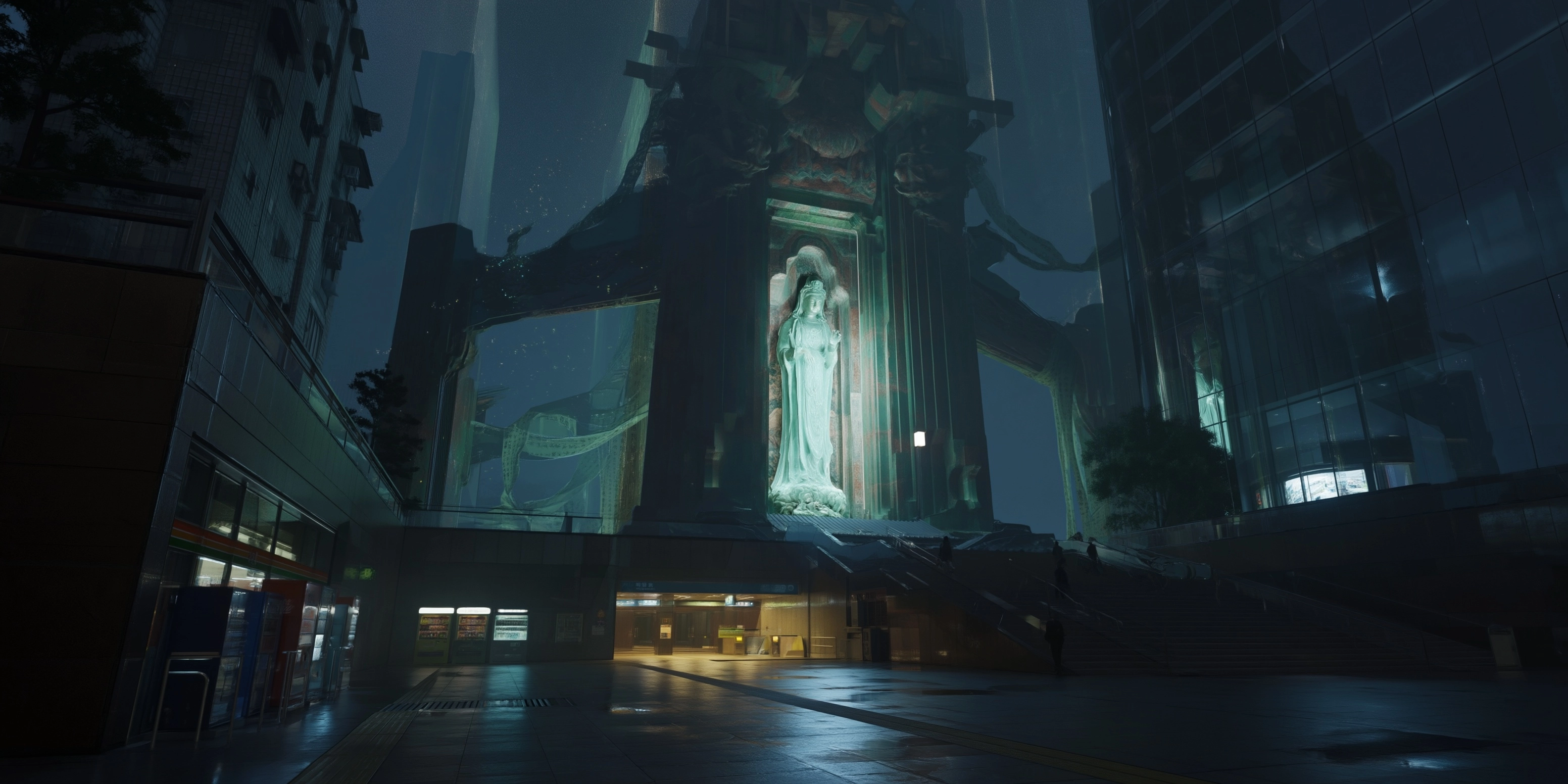 Near-future Chinese sci-fi subway interchange plaza after midnight