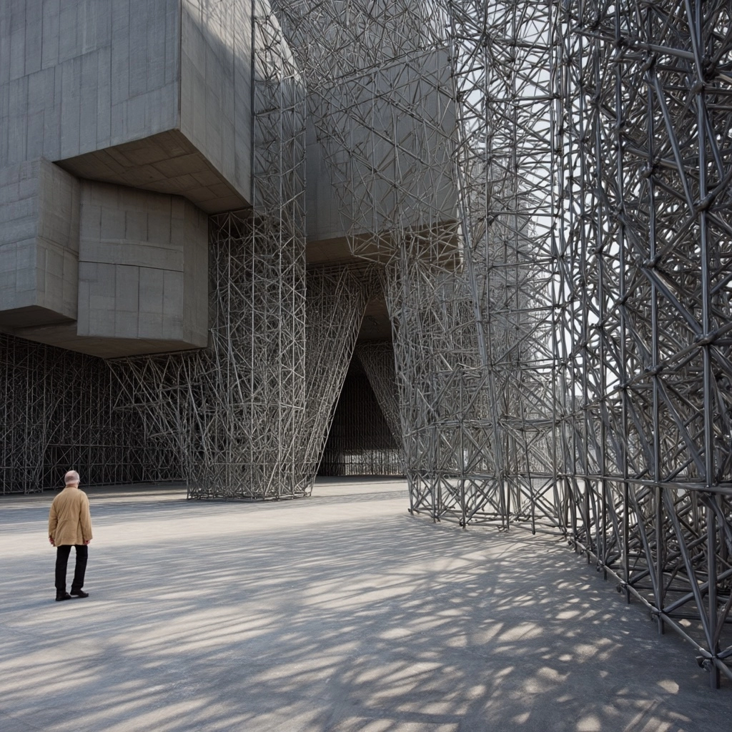 Walking through a complex building made from steel scaffolding and planes grafted between concrete m