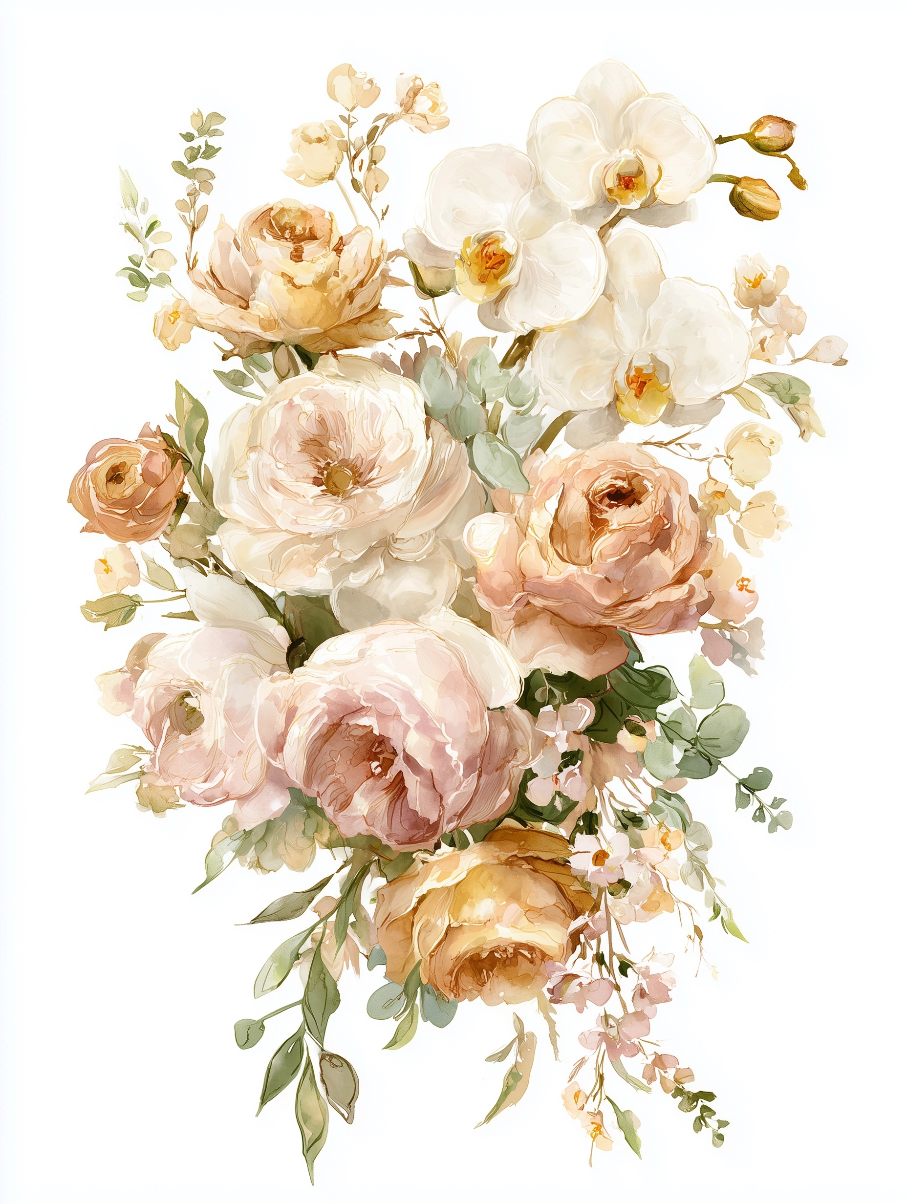 Watercolor hand painted textured brushstrokes trailing floral bouquet in champagne and gold colors f
