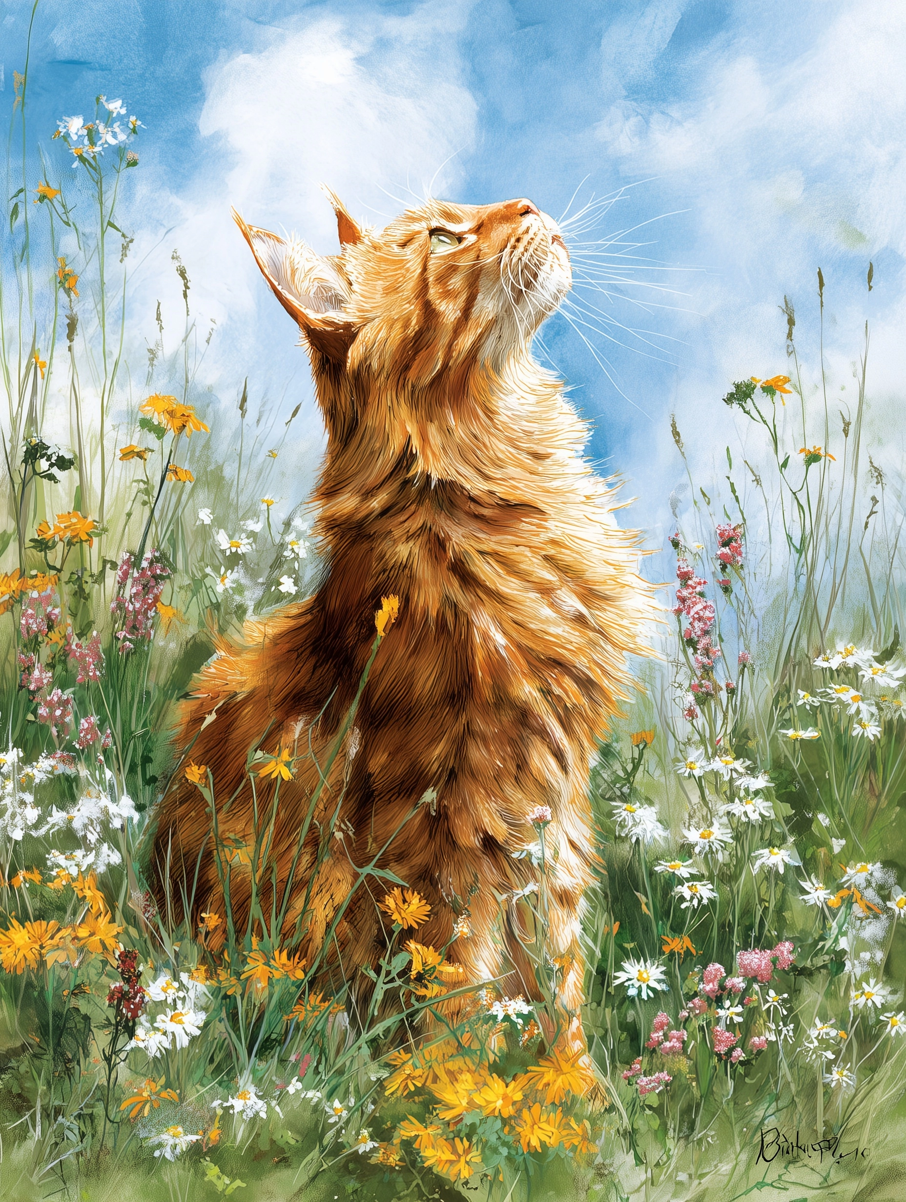 Woodcut print of orange maine coon cat surrounded by flowers, in the style by Marjolein Bastin